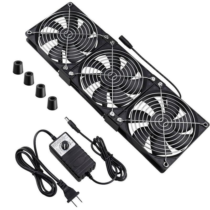 Wathai Dual Ball 3 x 120mm Computer Fan with AC Plug DC 12V Big Airflow Fans with 110V 120V 220V 240V AC Speed Controller for DIY Cabinet Chassis Machine Server Workstation Cooling 3x120mm fan