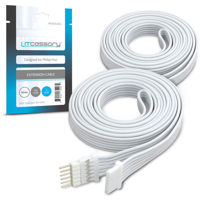 Litcessory Extension Cable for Philips Hue V4/Solo Lightstrip | Micro 6-Pin, 1m, 2 Pack, White 3.3ft - 2 Pack White (Micro 6-pin V4 / Solo Lightstrip)