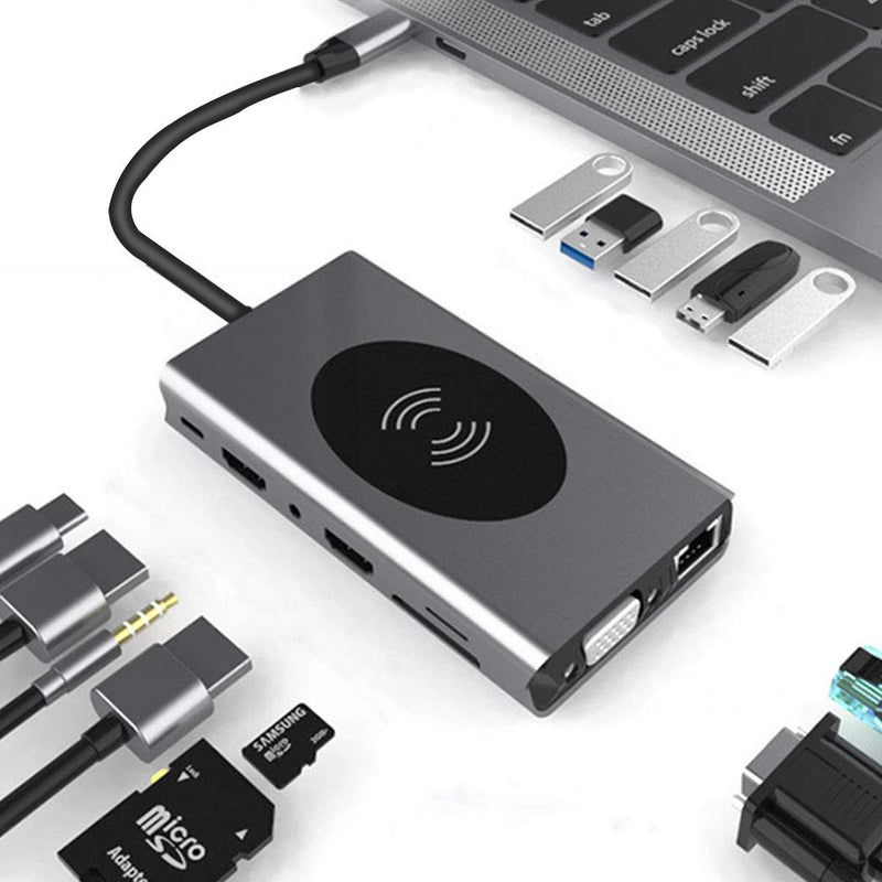 USB C Hub Laptop Docking Station + Wireless Charger 14-in-1, Card Reader, HDMI