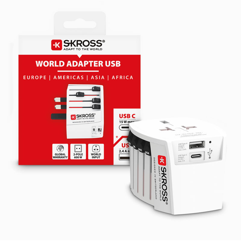 SKROSS Universal Travel Plug with USB and USB C, 1.302962, White