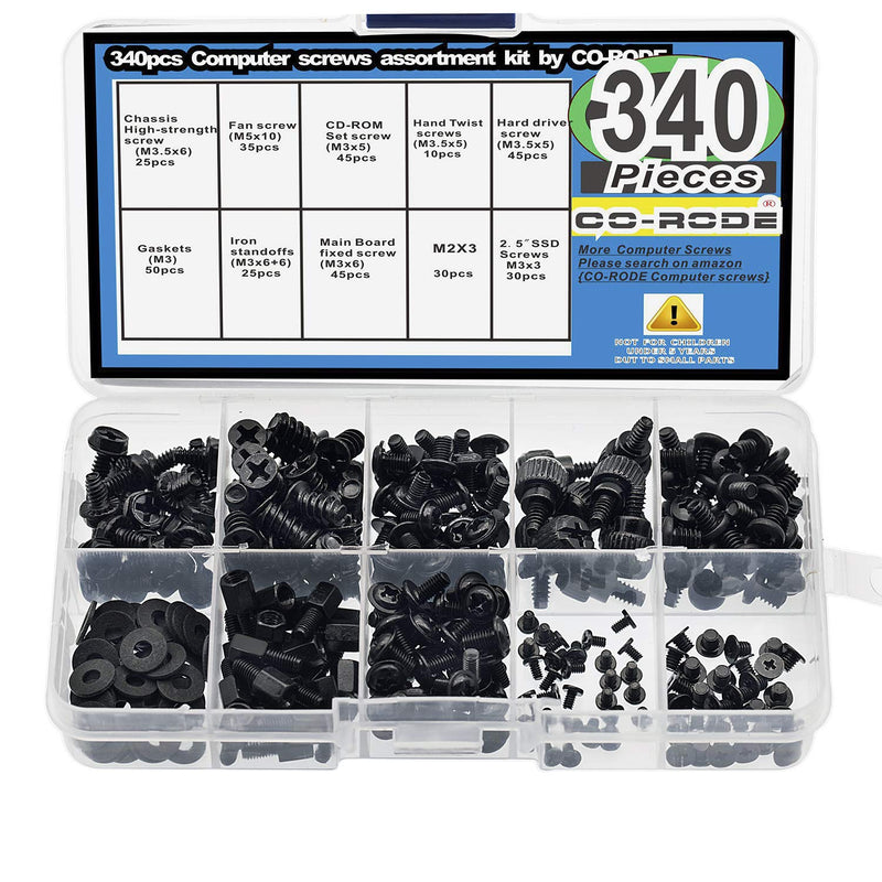 340PCS Computer Screws, Motherboard Screws and Standoffs, HDD Hard Driver, PC Case, Fan, SSD, CD-ROM, Graphics,Power Supply for DIY PC Building and Repair (Black)
