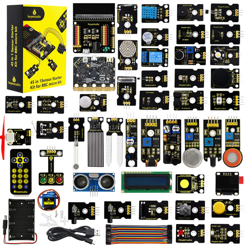 KEYESTUDIO 45 Sensors Starter Kit with Micro:bit V2.2 for Learning Microbit V2 Coding, Sensor Breakout Board, i2c LCD, OLED Display, Water Sensor, 5v Relay Accessories with Tutorials for Teens Adults