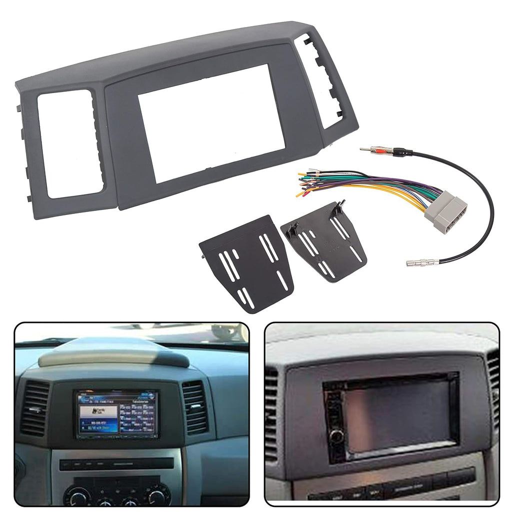 ECOTRIC Double Din Navigation Radio Bezel Dash Compatible with 2005-2007 Jeep Grand Cherokee with Wiring Harness Antenna Adapter