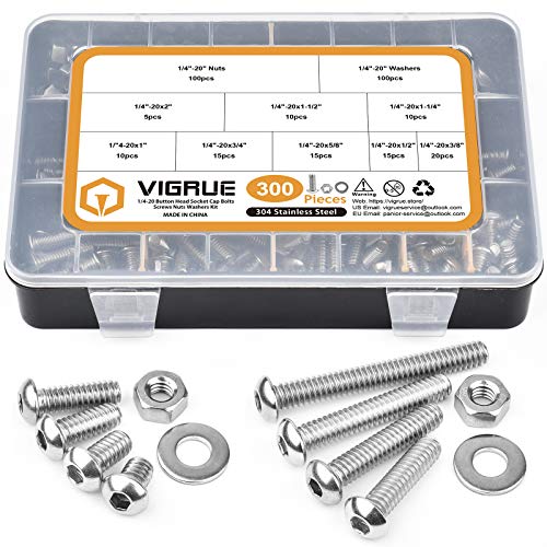 VIGRUE 300pcs 1/4-20 Hex Button Head Cap Screw, 304 Stainless Steel UNC Hexagon Bolts Flat Washers Nuts Assortment Kit Machine Screws Set, 8 Sizes (Length from 3/8" to 2") 300pcs 1/4-20 Button Head