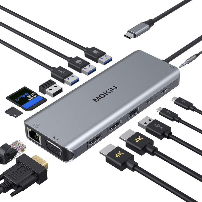 14 in 1 USB-C Docking Station - Dual Monitor Laptop Dock with 2 HDMI, VGA, 5 USB, SD/TF for Dell/Surface/HP/Lenovo Laptops 14 in 1（2 HDMI+VGA）