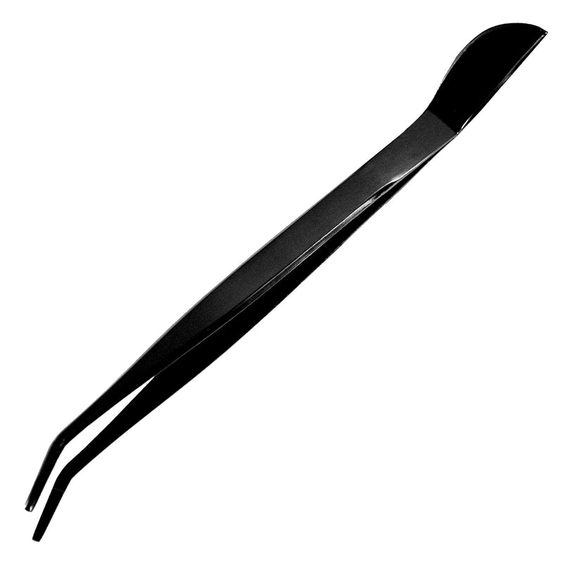 KAKURI Bonsai Tweezers Curved Serrated Tips with Spatula 8.8" - Made in Japan - Professional Bonsai Care Tool - Black Coated Japanese Stainless Steel Black (Curved)