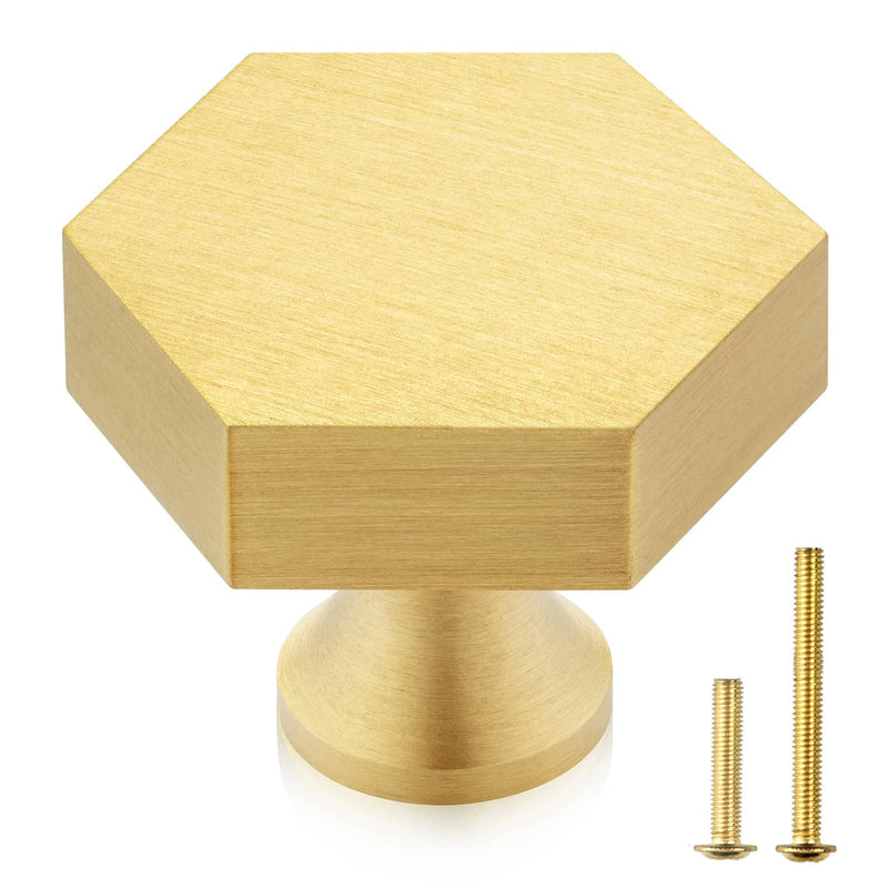 QOGRISUN 10-Pack Solid Brass Cabinet Knobs, Gold Hexagon Knobs for Dresser Drawer, 1.4-Inch Diameter, Modern Kitchen Hardware, Brushed Brass Finish