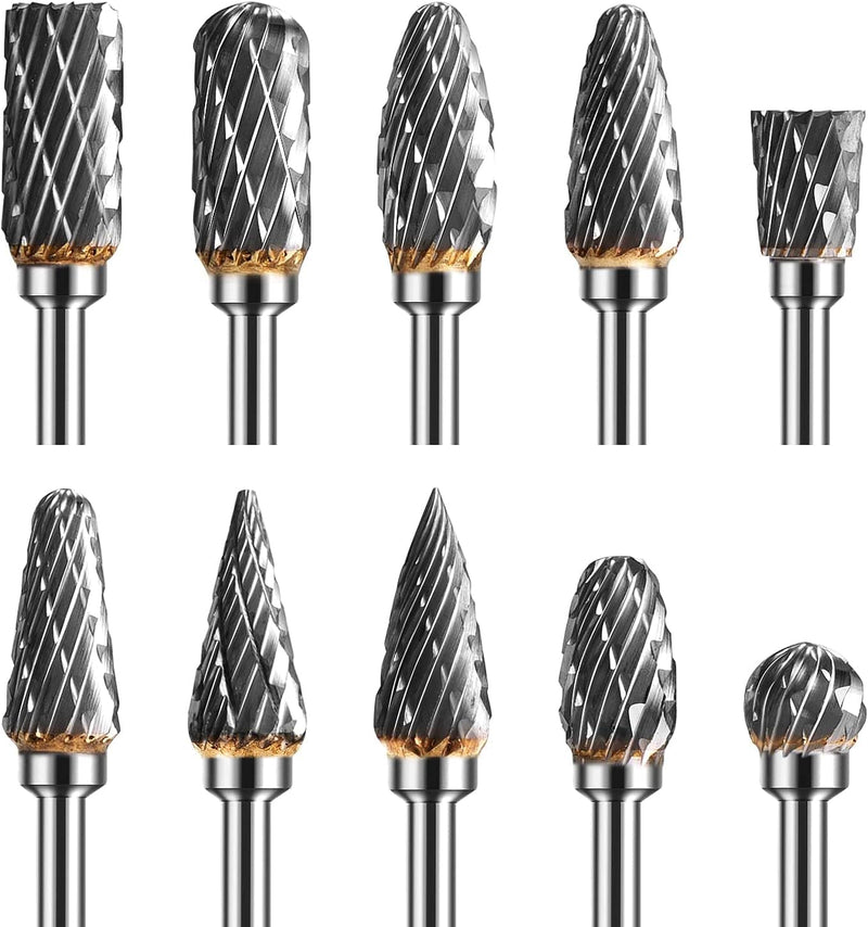 Carbide Burr, Tungsten Carbide Rotary Cutter Set 3 mm Shank 6 mm Grinding Head Carving Cutter for Woodworking Carving Metal Polishing Engraving (Pack of 10)