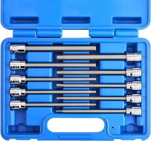 Neiko 10077A 3/8” Drive Metric Extra Long Allen Hex Bit Socket Set | 10 Pieces | Sizes 3mm – 10mm | Shaft Length 6” | Premium S2 Steel Bits | Heavy Duty Cr-V Sockets | Exceeds ANSI Standards 10 Piece