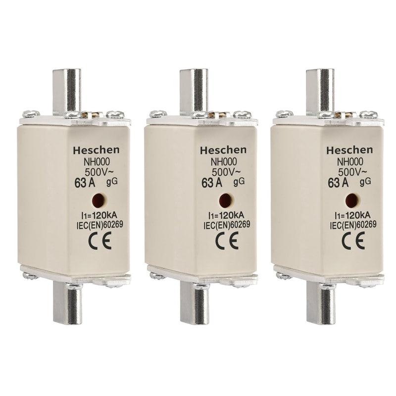 Heschen NH Fuse Insert 63A Ceramic Fuses NH000 gG Type Blade Contact Front Indicator Combination Detector Pack of 3