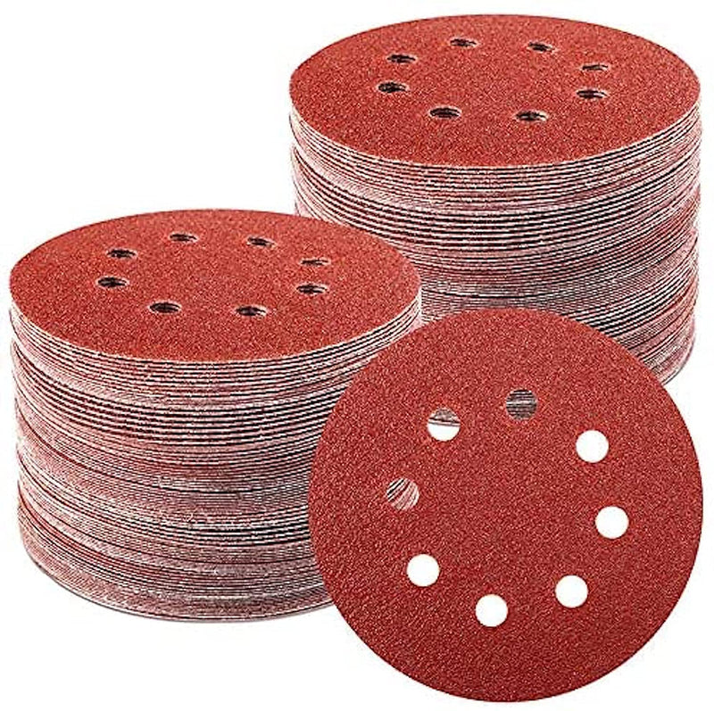 Pack of 100 Sandpaper 125 mm, Professional Random Orbital Sandpaper Set for 125 mm 8 Hole Sanding Discs with 60/80/100/120/180/240/320 Grit for Wood, Metal and Paint red 80 1D-DPMI-40M8