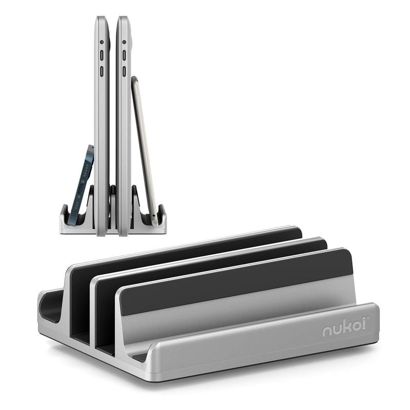 Vertical Laptop Stand - SPACEMax Adjustable GRIPLock Anti-Tip Silicone 4 Slots Aluminum Desktop Holder - Double Dock Stand - 2 Phone Slots Fits Up to 17.3” Laptops, Tablets, Phones - Silver
