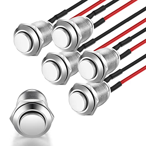 Gebildet 5 x Waterproof Push Button Momentary Stainless Steel Button On Off 12 mm 2A/12V/24V/125V/250V with Wire (Protruding) Silver-E545