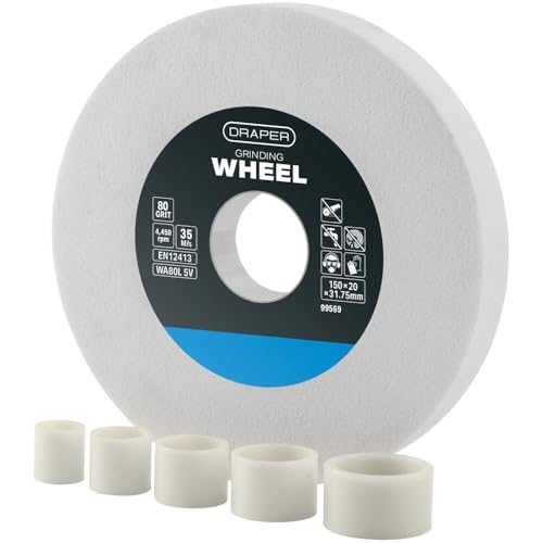 Draper Tools Expert 150 x 20mm Aluminum Oxide Bench Grinding Wheel | 80 grit, 31.75 mm bore, includes 5 reducing rings, for steel and non-ferrous metals