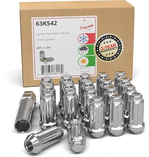 Wheel Accessories Parts 20 Pcs 1/2"-20 Thread Truck 2.00" Long Spline Lug Nuts Chrome 6 Spline Hex Fits Chevy C10 K5 Blazer ｜ GMC C1500 ｜ Dodge Ram 1500 Ramcharger ｜ Ford F150 ｜ Jeep Wrangler