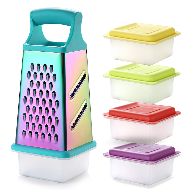 Marco Almond® KYA57 Professional Rainbow Color Box Grater,Stainless Steel Grater with 4 Sides,Slicer 5 Piece Set, Potato,Cheese,Cucumber,Salad Vegetables Graters Peelers, Turquoise Stainless Steel 5-Piece