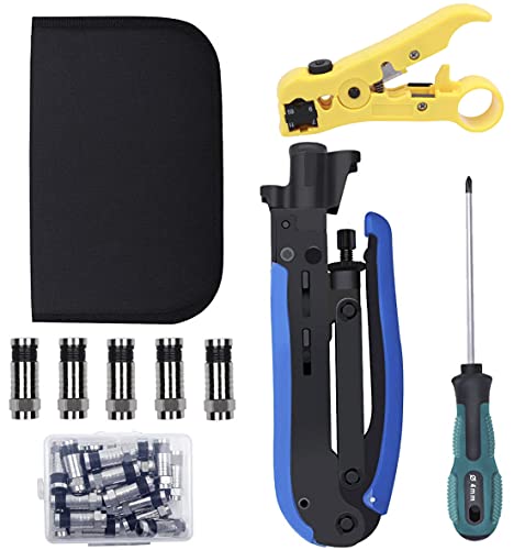 Delgada Coaxial Cable Crimper Kit Coax Compression Tool RG6 RG59 RG11 Cable Crimping Tool Connector Kit with 20PCS F Compression Connectors DL-YGB