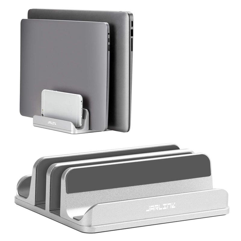 JARLINK 4-in-1 Adjustable Vertical Laptop Stand Holder, Aluminum Dual Slots Laptop Rack for Desk, Space-Saving Organizer Compatible with All MacBook, Surface, Chromebook, and Gaming Laptops (Silver) Silver