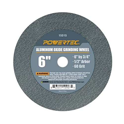 POWERTEC Bench Grinder Wheel, 6 Inch Grinding Wheel 60 Grit, Aluminum Oxide, 6 Bench Grinder Wheels for Pedestal & Benches, 3/4" Thick 1/2" Arbor, Sharpening Shaping Drill Bits, Knife, Stone - 15515 6" AO Wheels, 60 Grit