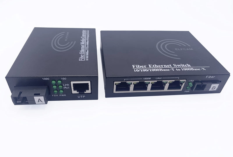 Elfcam 2 Pieces Converter Fibre ethernet, Media Converter up to a Distance of 20 km to Optical SC Mono Mode, with Adapter 10/100/1000 Mbps (1 RJ45 Port *4 RJ45 Port) 1 RJ45 Port *4 RJ45 Port
