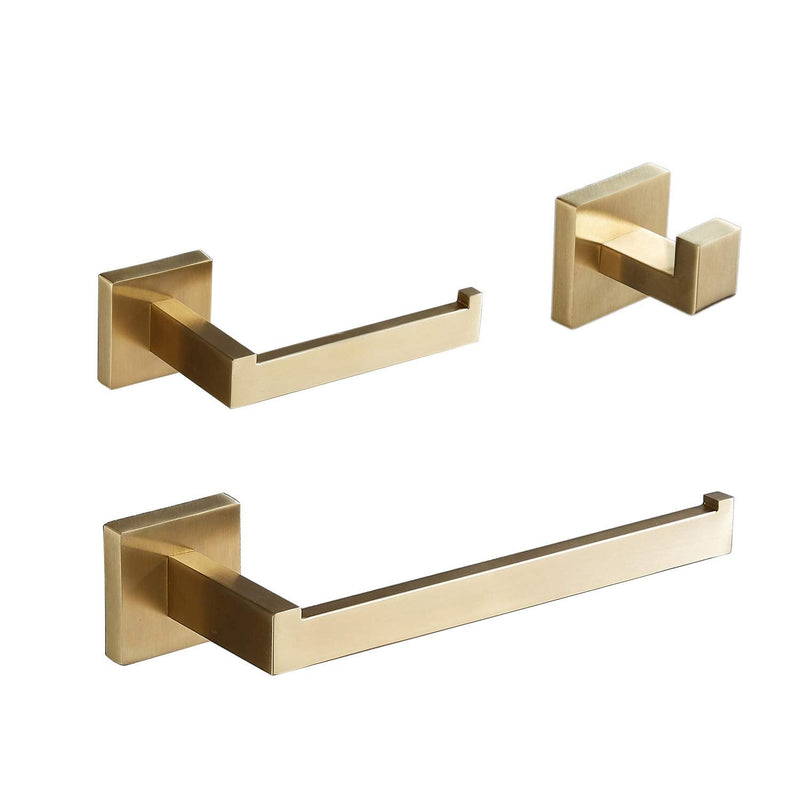 Beelee Gold Bathroom Accessories Set: 3-Piece Hardware Set - Wall Mounted Toilet Paper Holder, Hand Towel Ring/Bar, Towel/Robe Hook, Brushed Gold Finish, BA199SET-3BG1 3 Pieces