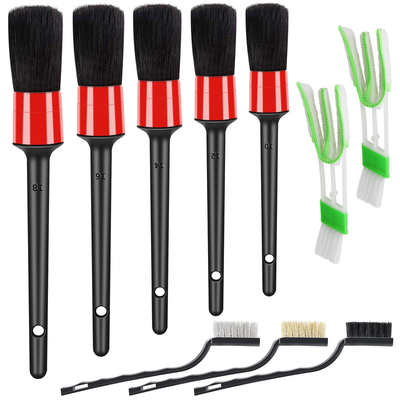 10pcs Auto Car Detailing Brush Set Car Interior Cleaning Kit Includes 5 Boar Hair Detail Brush,3 Wire Brush, 2 Air Vent Brush for Cleaning Car Interior Exterior, Dashboard Engines Leather Wheel Red