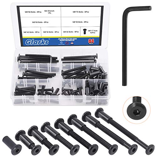 Glarks 85Pcs M6x20/ 30/40/ 50/60/ 70/ 80mm Black Hex Drive Socket Cap Bolts Kit, Allen Head Countsunk Furniture Crib Bolts Nuts Screws for Chair Table Cabinets M6x20/30/40/50/60/70/80mm