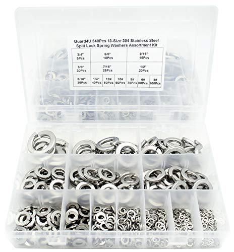 540Pcs 13-Size 304 Stainless Steel Spring Lock Washers Assortment Kit- 3/4 5/8 9/16 1/2 7/16 3/8 5/16 1/4 12# 10# 8# 6# 4#
