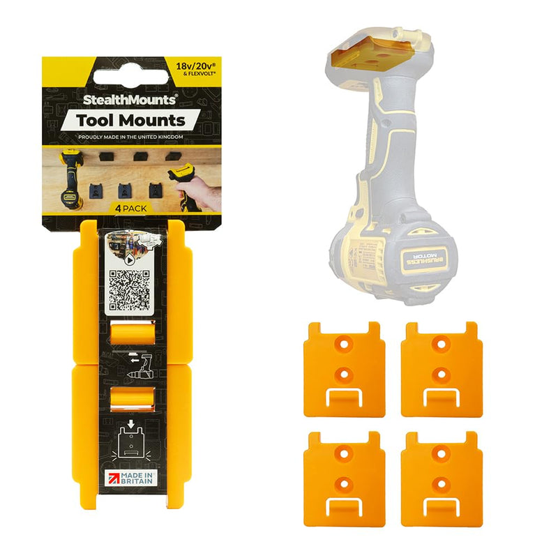 StealthMounts Tool Holder Compatible with DeWalt 20v/60v (4 Pack) - Yellow | StealthMounts Locking Tool Mounts | Made in the UK 8x10/16x20, 4 pack