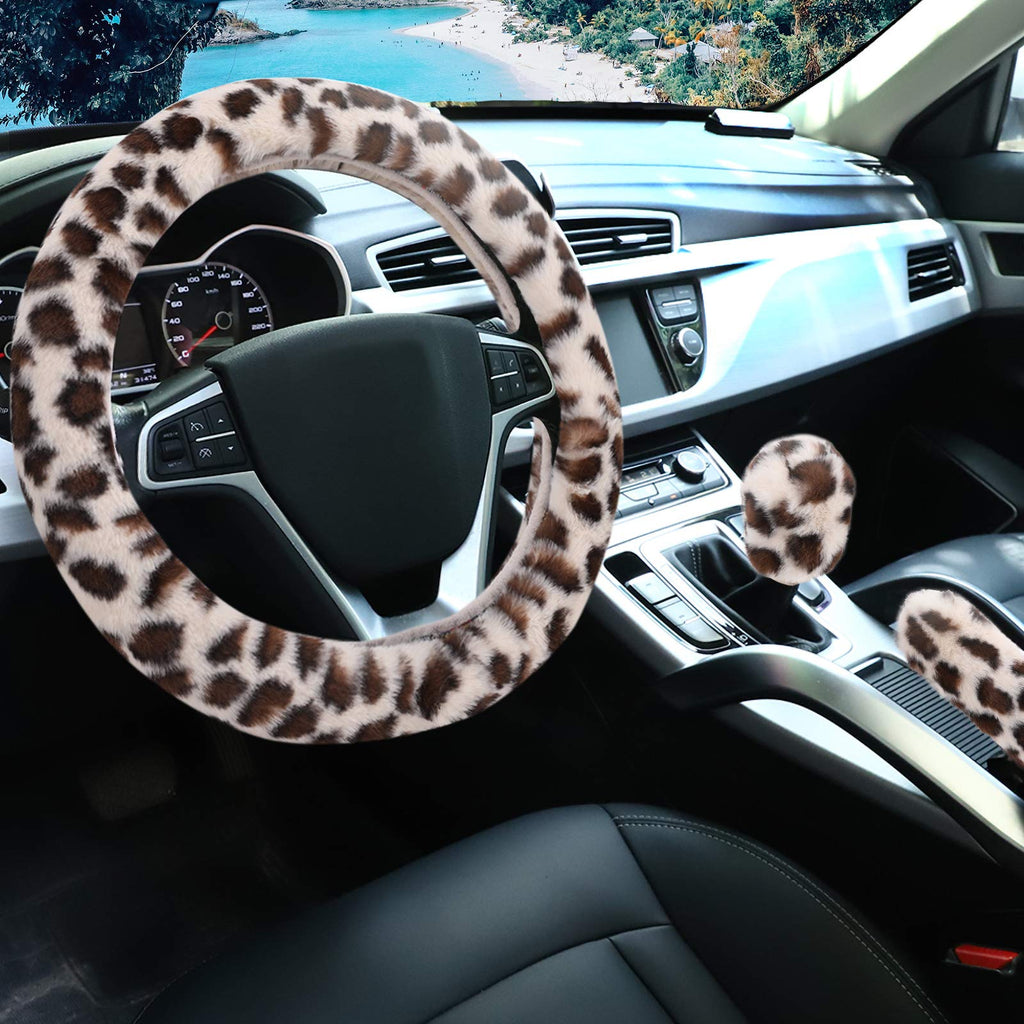 Fuzzy Steering Wheel Cover for Women Girls, Accmor Universal Fit 15 inch Fur Car Wheel Cover & Handbrake Cover & Gear Shift Cover Set, Fashion Leopard Winter Warm Fluffy Vehicle Wheel Protector Beige/Dark Brown Leopard short hair