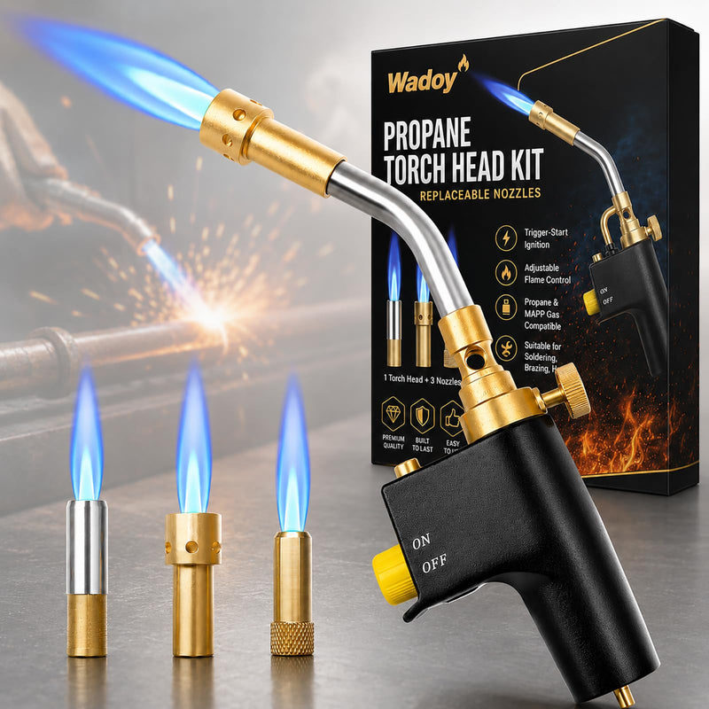 Wadoy Propane Torch Head Kit with 3 Nozzles, High Intensity Trigger-Start Soldering Torch Compatible with Bernzomaticc MAPP Propane for Soldering, Brazing, Welding, Map Gas Torch Head TS8000 1