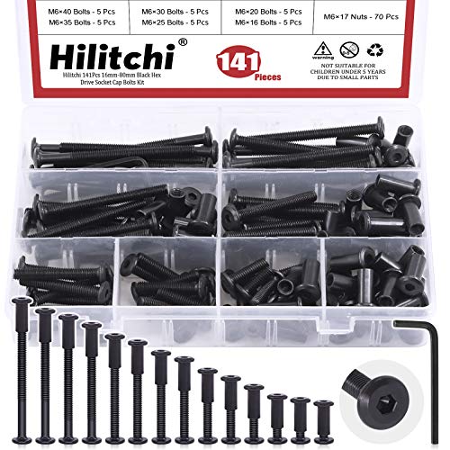 Hilitchi M6 Hex Drive Socket Cap Bolts Kit Countersunk Head Screws Bolts Dowel Barrel Nuts Crib Bolts Nuts Assortment Kit for Furniture Hardware Fitting (16-80mm Assortment Kit-140PCS) 16-80mm Assortment Kit-140PCS