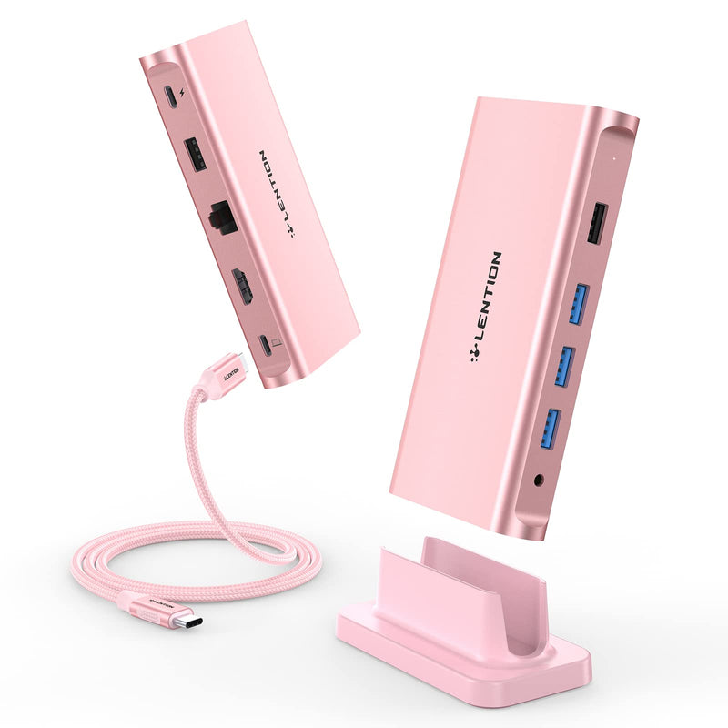 LENTION USB C Docking Station with 100W PD, 4K HDMI, Gigabit Ethernet, USB 3.0/2.0, Aux Adapter for 2023-2016 MacBook Pro/Mac Air/Surface/Steam Deck, More, Stable Driver Certified (CB-D53, Rose Gold)