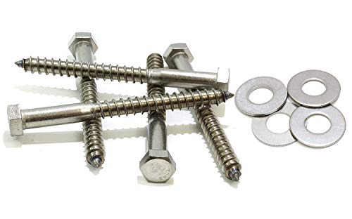 Bolt Dropper 3/8" Lag & Washer Bundle - 3/8" x 4" Hex Lag Screws, (25 Pack) 304 (18-8) Stainless Steel Bundled with 3/8" Flat Finish Washer 7/8" OD (100pc)
