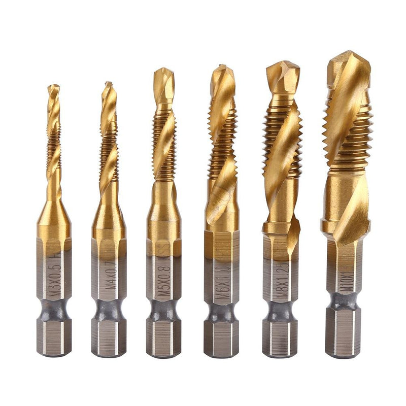 Drill Tap Set 6 Pieces Titanium Coated HSS Drill Bit M3-M10 1/4 Inch Hex Shank for Lathe Machine Tap Cutting