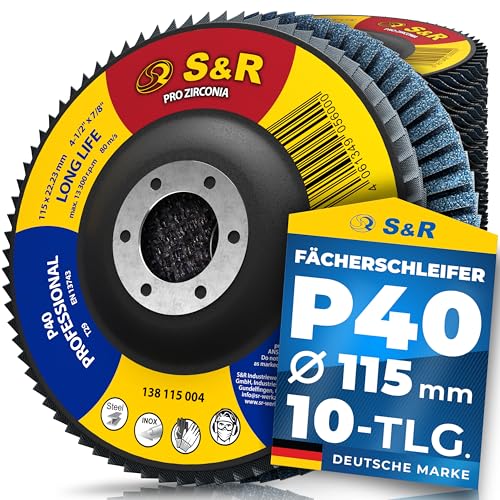 S&R Flap Discs Set of 10, 115 x 22.23 mm in Professional Quality, Flap Discs, T29, Flap Grinder Set for Stainless Steel, INOX, Steel, Grit P4040 D=115mm | P40 - 10-tlg