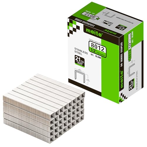 meite 21 Gauge 1/2-inch Crown Upholstery Staples, 304 Stainless Steel with 1/2-inch Leg Length, Heavy Duty Staples for Staple Gun MT8016 (10,000 Counts) 1/2" (12 mm) 1 Box
