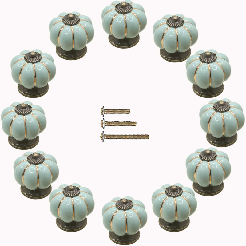 Yusheng 12 Pack Vintage Ceramic Pumpkin Cabinet Knobs, Kitchen Cabinet Drawers Dresser Cupboard Pull Handles Door Pulls with 3 Kinds of Screws (12 Pack, Sky Blue)