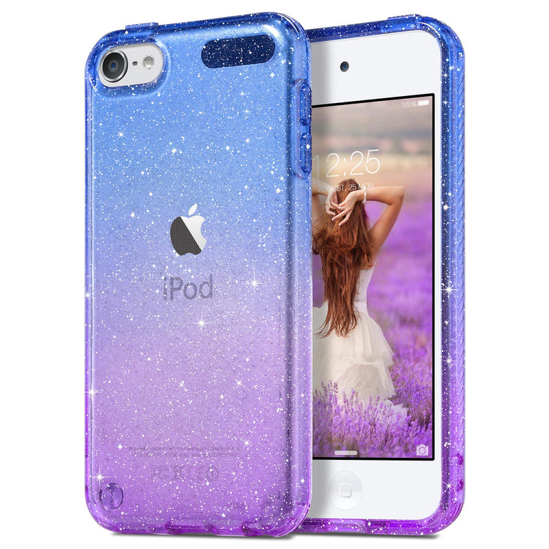 ULAK Clear Gradient Glitter Case for iPod Touch 7th/6th/5th Generation, Hybrid Slim Cute Case for Girls Women, Shockproof Anti-Scratch Soft TPU Bumper Cover for iPod Touch 7/6/5, Blue+Purple Purple