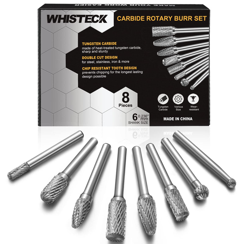 Carbide Burr Set, 8Pcs Double Cut Tungsten Carbide Rotary Burr set, 1/4 inch Shank Die Grinder Bits, Carbide Rotary File for Metal Wood Carving, Engraving, Polishing,Drilling