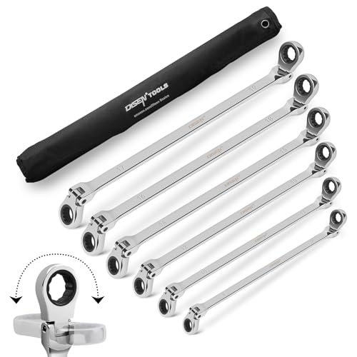 DISEN 6PCS Extra Long Double Box End Ratchet Wrench Set 8-19mm with Pouch Single Jointed Set