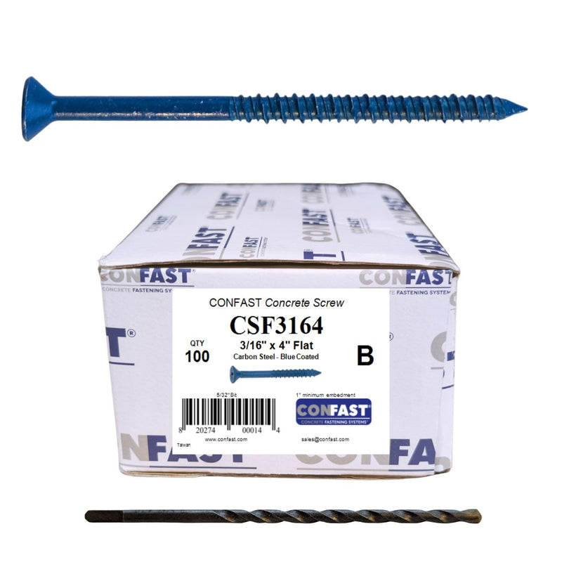 CONFAST 3/16" x 4" Blue Flat Phillips Concrete Screw Anchor with Drill Bit for Anchoring to Masonry, Block or Brick (100 per Box) 3/16" x 4"