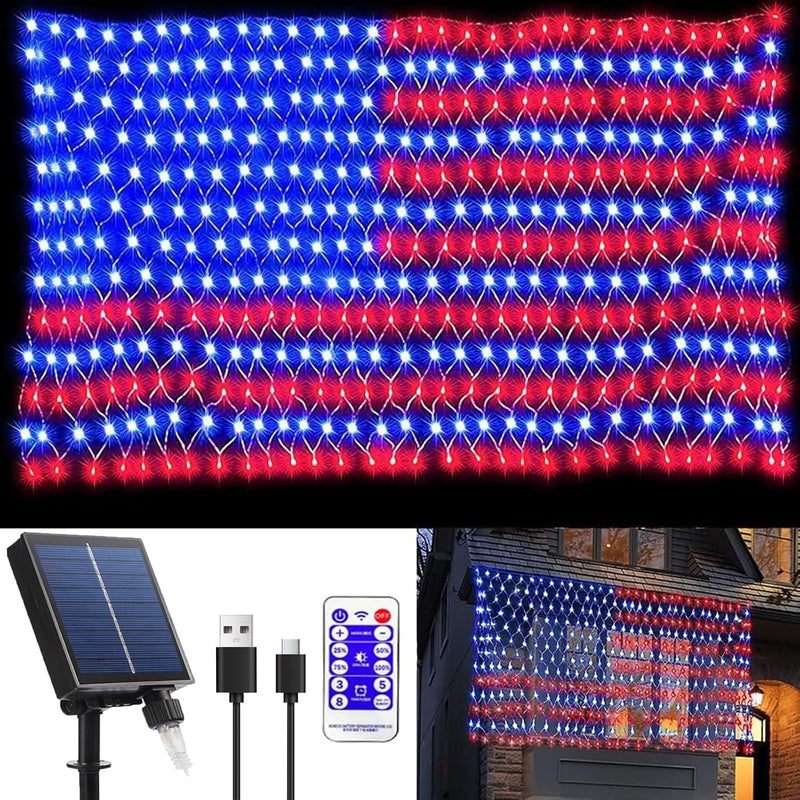 Solar American Flag Lights, 420 LED Waterproof American Flag Net Lights Independence Day Decorations 8 Modes Outdoor String Light for 4th of July Independence Day, Garden, Yard Home Decorations 6.6FT*3.3FT Solar Power+Remote