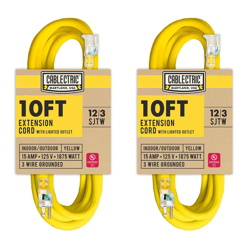 10 Ft Outdoor Extension Cord - 12/3 SJTW Heavy Duty Yellow 12 Gauge Lighted Electrical Cable with 3 Prong Grounded Plug 10FT 1