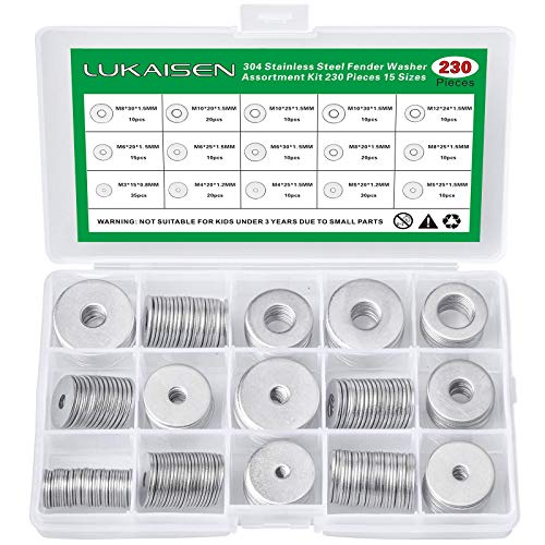 230 Pcs 304 Stainless Steel Flat Washers, M3-M12 Fender Gasket Kit Silver