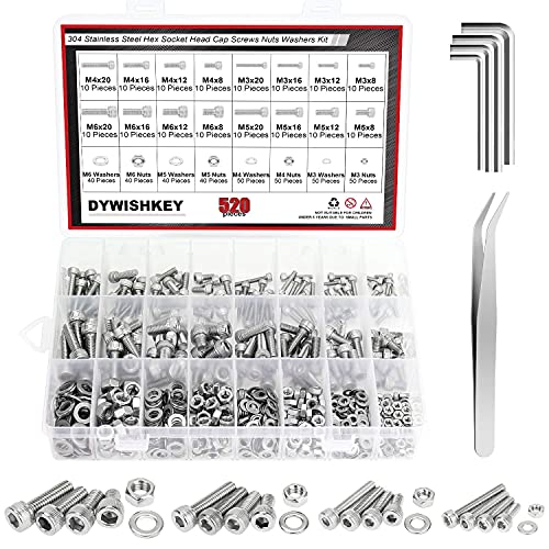 DYWISHKEY 520 PCS M3 M4 M5 M6, 304 Stainless Steel Hex Socket Head Cap Bolts Screws Nuts Washers Assortment Kit with Hex Wrenches Socket Head Screws