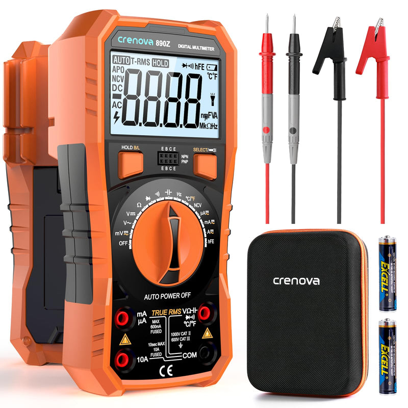 Crenova 890Z Digital Multimeter 6000-Count TRMS 1000VDC/750VAC Auto-Ranging | Measures AC/DC Voltage, Current, Resistance, Capacitance, Diode, Continuity, Transistor (hFE), Temperature, NCV