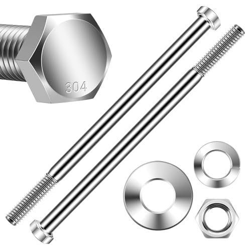 Mellewell 3/8-16 x 6-1/2" Hex Head Bolts with Hex Nuts and Thick Flat & Lock Washers, Partially Threaded, Stainless Steel 18-8, Plain Finish, 4 Sets 3/8-16 x 6-1/2" Silver