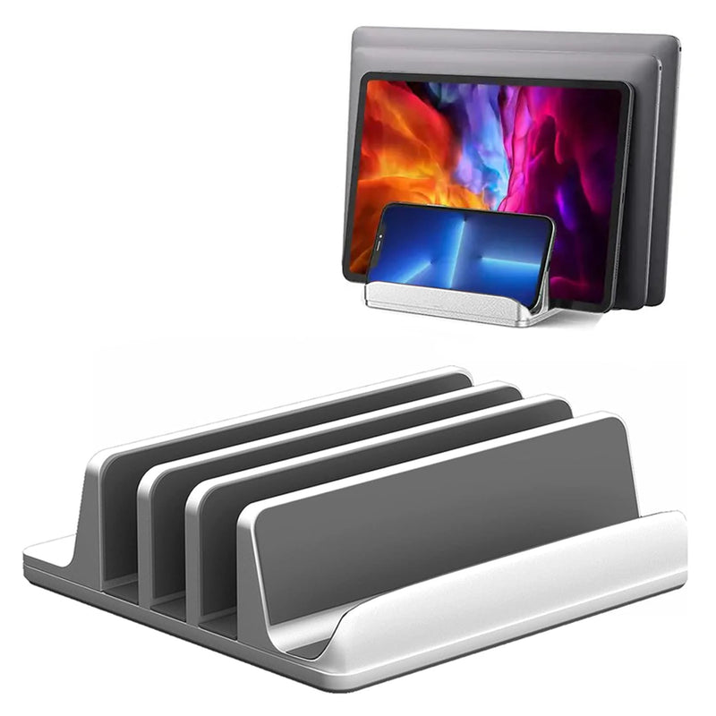 Vertical Laptop Stand [Updated Version], 3 Slot Desktop Stand Holder with Adjustable Dock, 4 in 1 Design Space-Saving Laptop Stand for Desk MacBook/Surface/Samsung/HP/Dell/Chrome Book (Silver) Silver