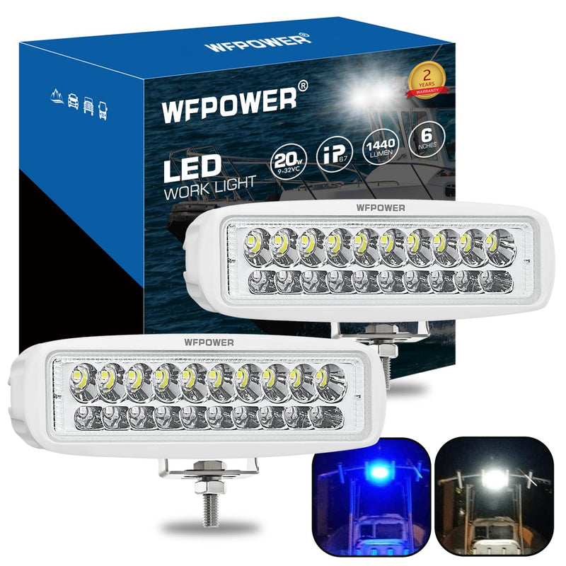WFPOWER LED Marine Boat Lights, 6.3Inch White & Blue Spreader 2 In 1 Deck Spot Light IP67 Waterproof Double Row T-Top Dock Fog Spotlights for Pontoon Boat Fishing Accessories Truck 12V 24V (2 Pack) Blue & White Light